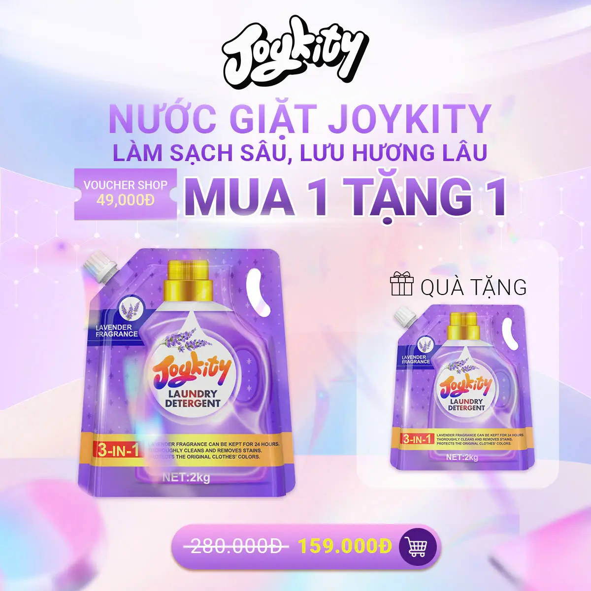 [MUA 1 TẶNG 1] Nước Giặt Xả Joykity Hương Lavender (Túi 2kg) Lưu Hương Thơm Lâu / Dịu Nhẹ An Toàn Cho Da / Làm Sạch Tốt / Làm Bền Màu Quần Áo
