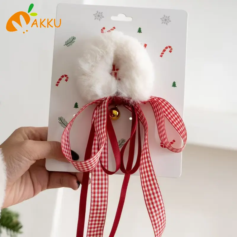New Year Christmas Bow Ribbon Scrunchies for Girls Plush Hair Tie with Bell Girls' XMAS Style Hair Rope Hair Accessories AKKU