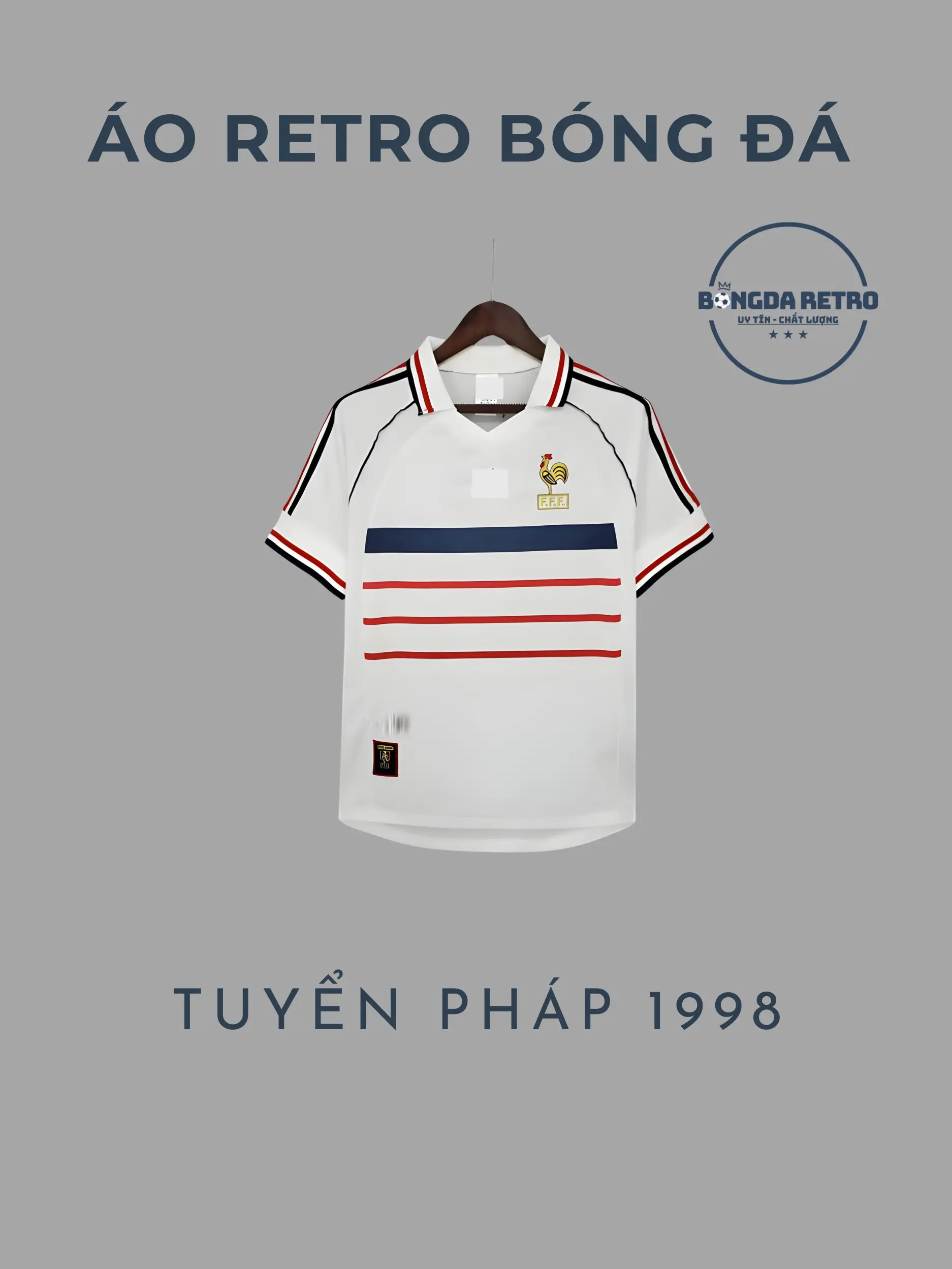 Áo bóng đá thời trang Retro tuyển Pháp 1998, logo thêu cao cấp, chất vải thoáng mát, năng động