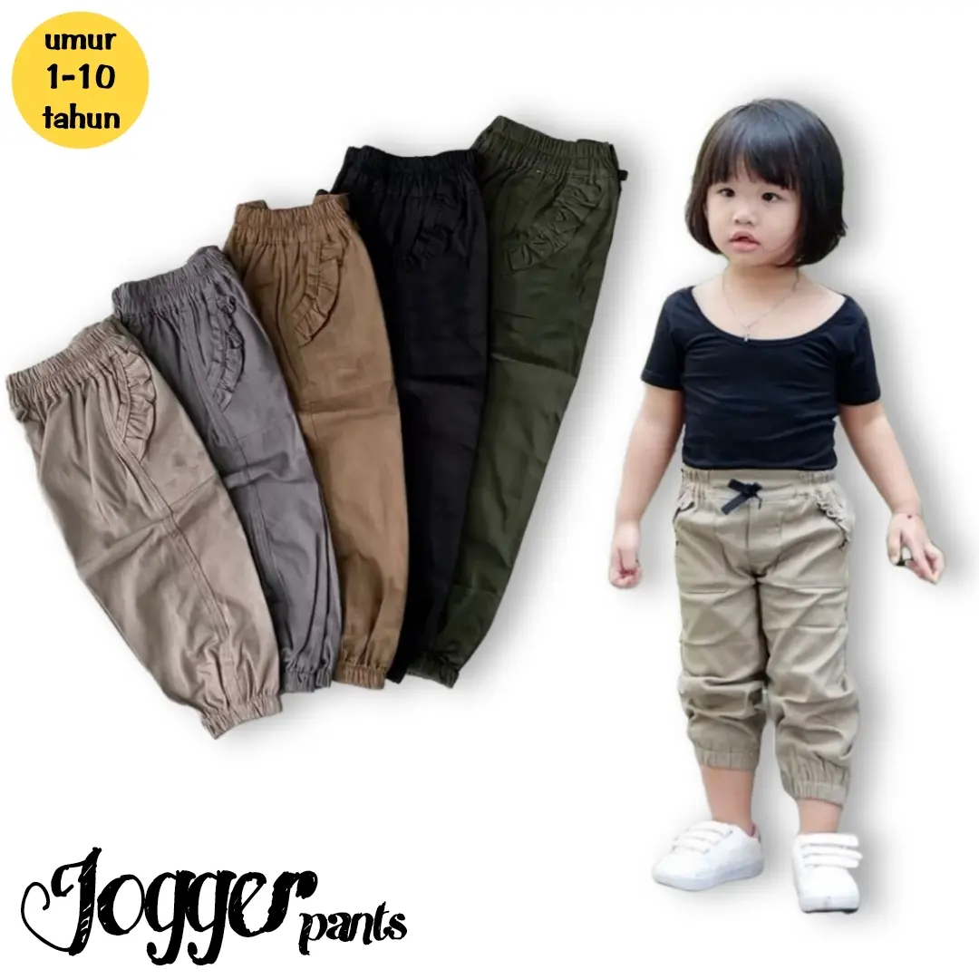 Celana Joger Panjang Anak Perempuan Motif Saku Renda Rempel Bahan Katun Stret Fashion