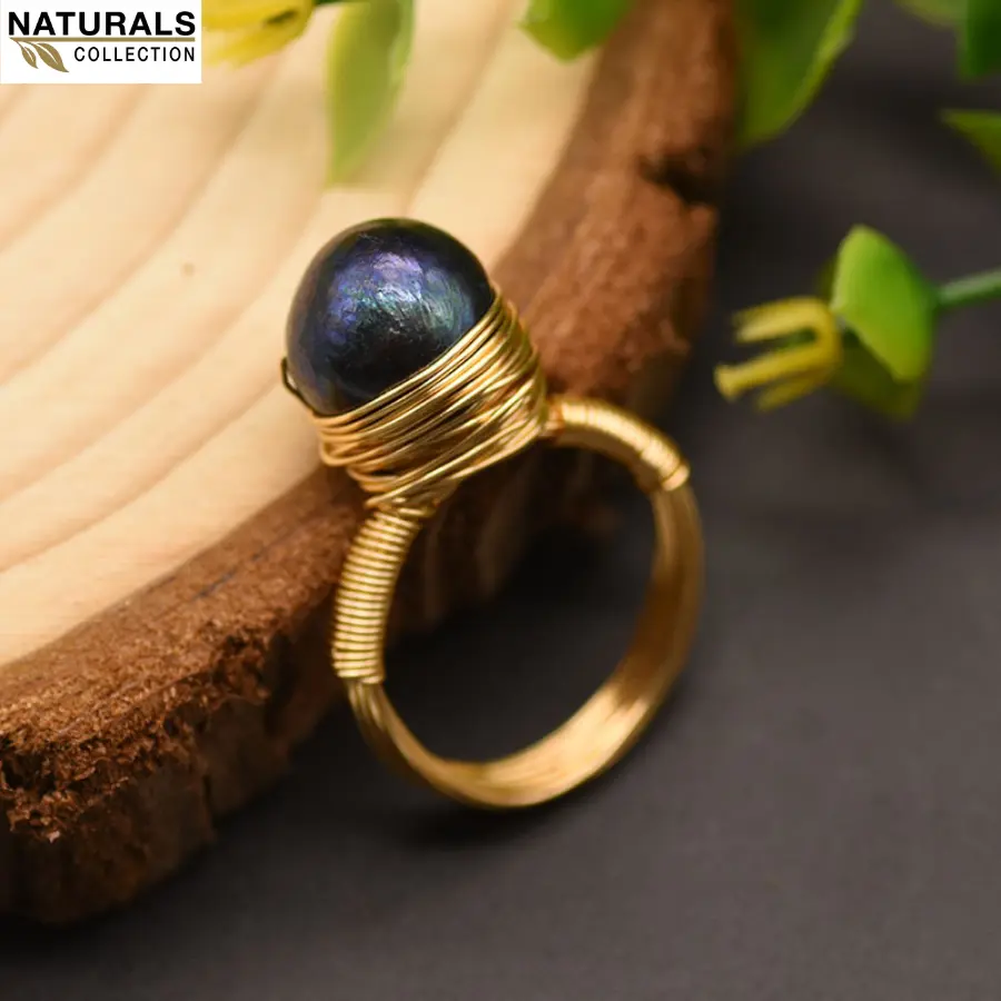 m103-Nhẫn mạ vàng 18K mặt ngọc trai thiên nhiên cao cấp hạt 12mm màu lông công Natural Collection thiết kế độc đáo, sang trọng - Handmade Chuẩn xuất khẩu M103