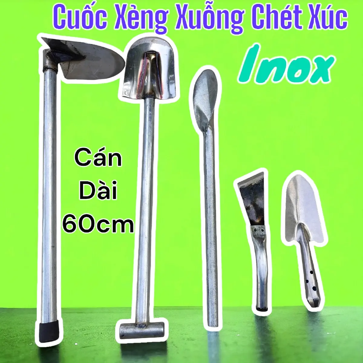 Cuốc Xẻng Xuỗng Chét Xúc 5 Dụng Cụ Làm Vườn Inox Cán dài 60 - Dụng cụ làm vườn inox cán dài 60cm