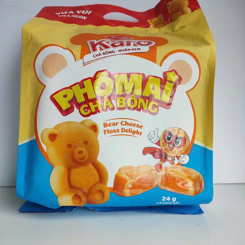Bánh Chà Bông Karo Hình Gấu Richy - Bánh Tươi Chà Bông Nhân Phô Mai Trứng gói 192g (8 bánh mỗi bánh 24g)