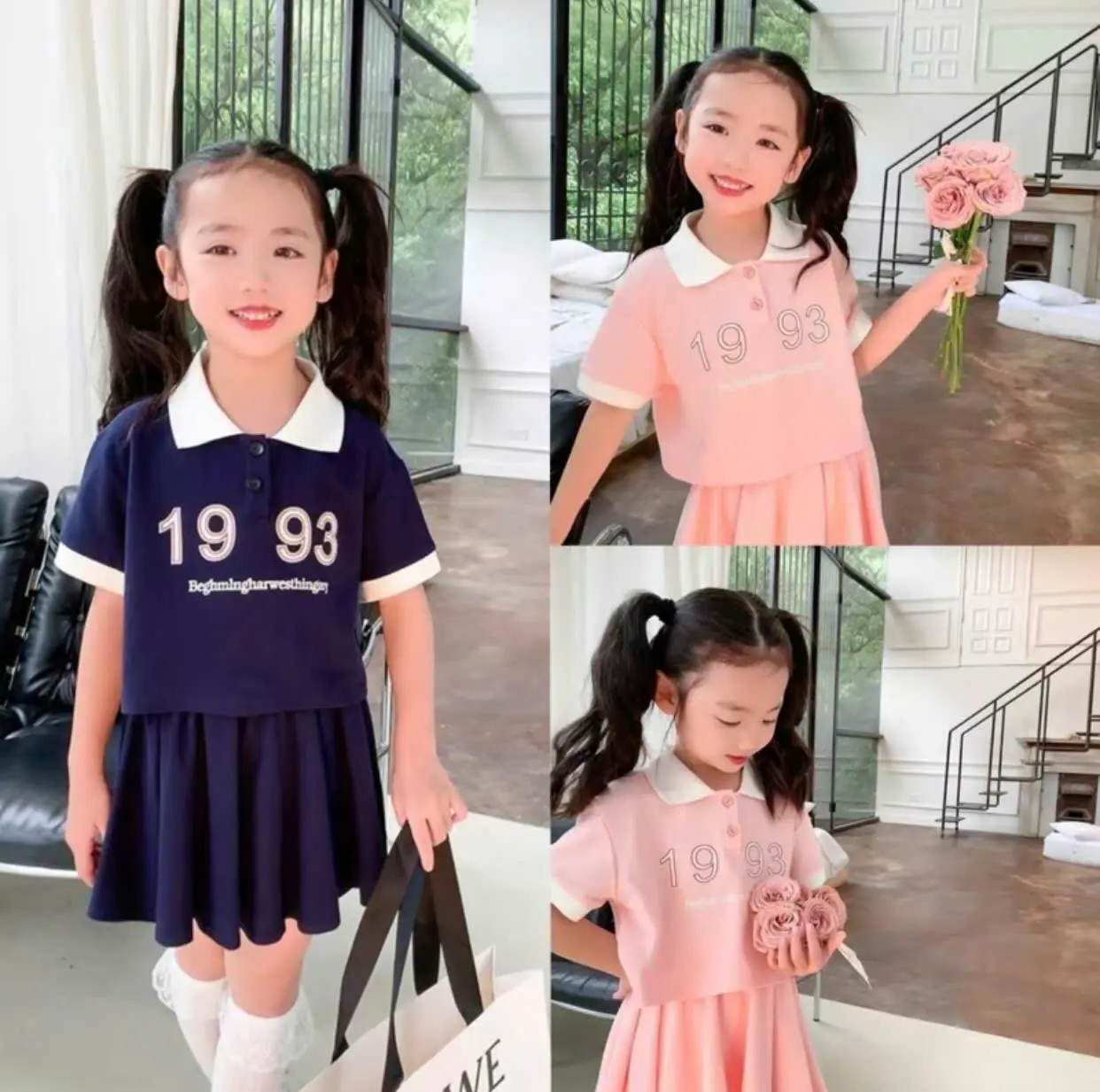 [HANG KIDS] SET ÁO KÈM CHÂN VÁY HỒNG CHẤT ĐŨI CHO BÉ GÁI 8-30KG