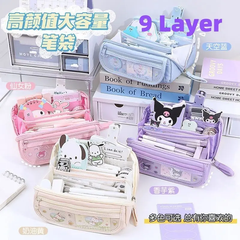 Sanrio large Capacity Pencil boxs Kuromi Pencil Box Creative  Girls Supplied with Stickers Cute Pencil Case Stationery Box