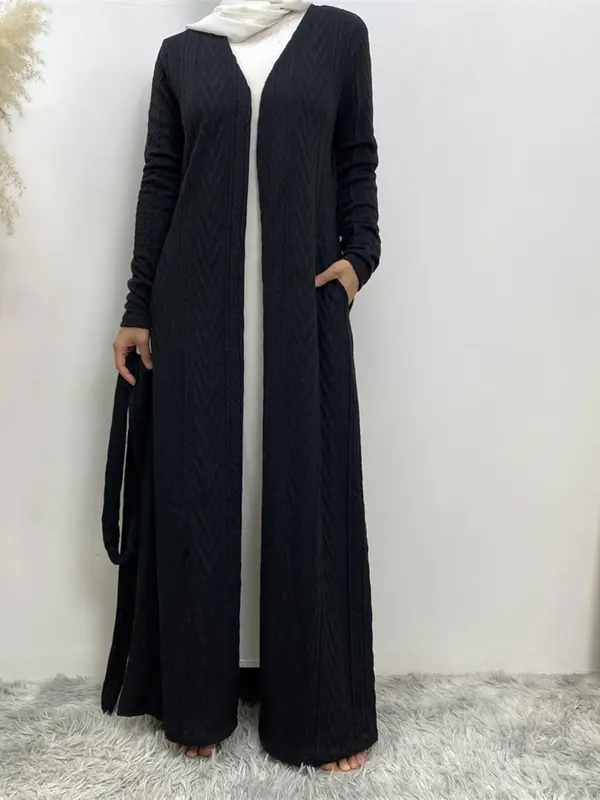 Women's Solid Long Sleeve Belted Abaya Without Hijab, Elegant Pocket Long Sleeve Open Front Outerwear, Fashion Muslim Clothing For Fall & Winter, Abaya Coat 1