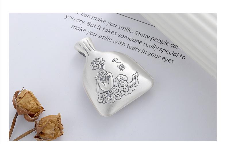Product Introduction of S990 Pure Silver Ethnic Style Matte Hollow Heart Sutra Money Bag Buddha Hand Lotus DIY Pendant 21