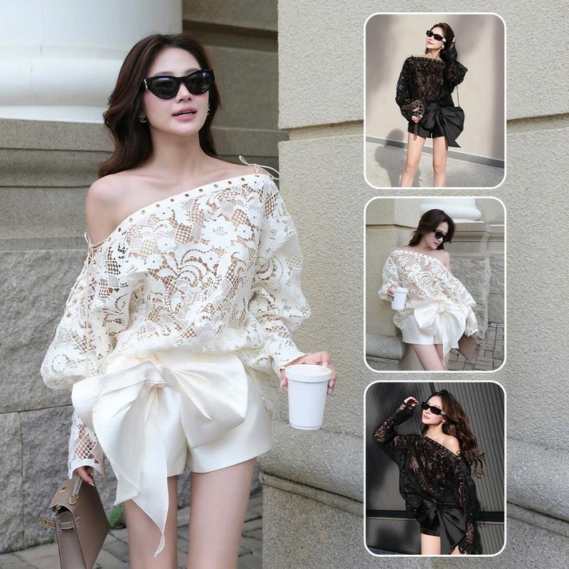 Coshe Coachella set áo trễ vai ren tay dài kèm bra kết hợp quần ngắn phối nơ vải tafta