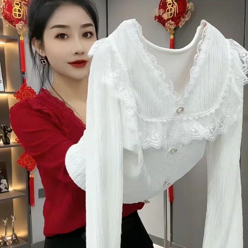 Áo Lớp Nền, Thời Trang, Dáng Rộng Rãi Và Thanh Lịch, Dài Tay, Ren Xếp Nhún, Áo Sơ Mi Phong Cách Phương Tây, Thích Hợp Cho Mùa Xuân Và Mùa Thu, Hàng Mới Về Năm 2024, OOTD 8
