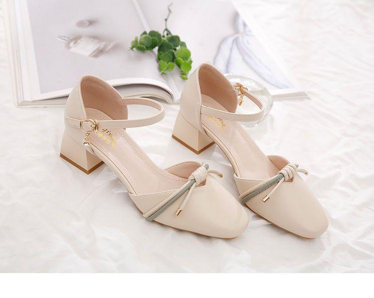 Product Introduction of Toe Box Shoes Women's High Heels Mid Heel Summer Chunky Heel Square Toe Hollowed Sandals Buckle All-Match Shallow Mouth Low Heel Shoes 7