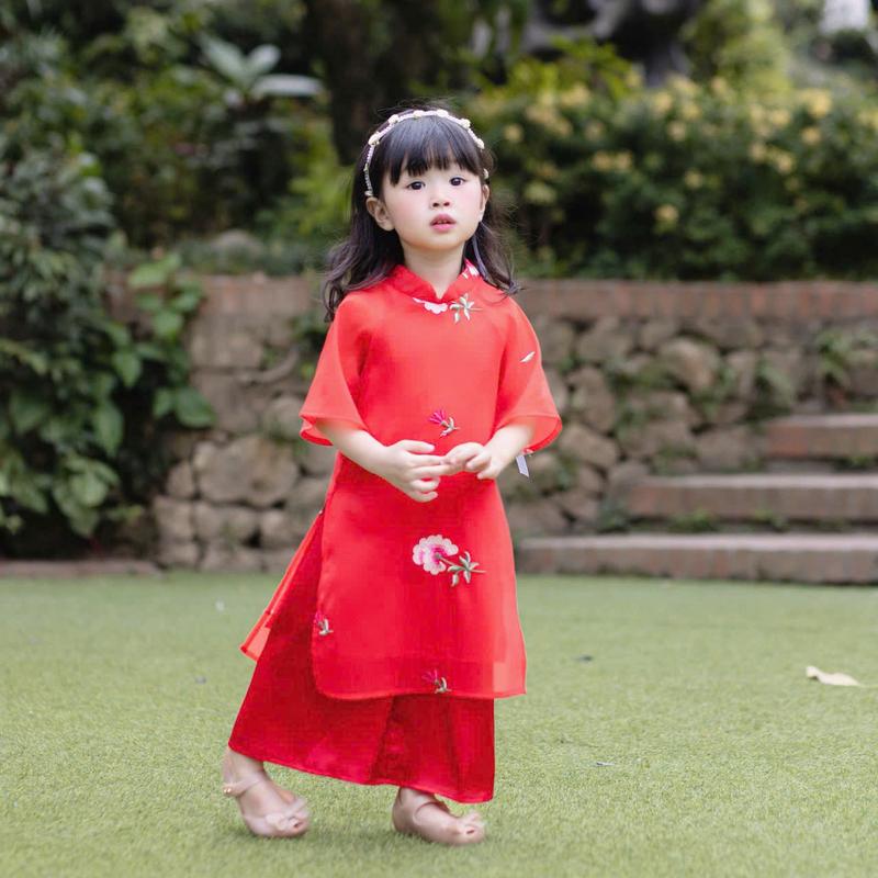 Áo dài tơ thêu 4 màu sắc nét + bờm ngọc (11-30kg) 2