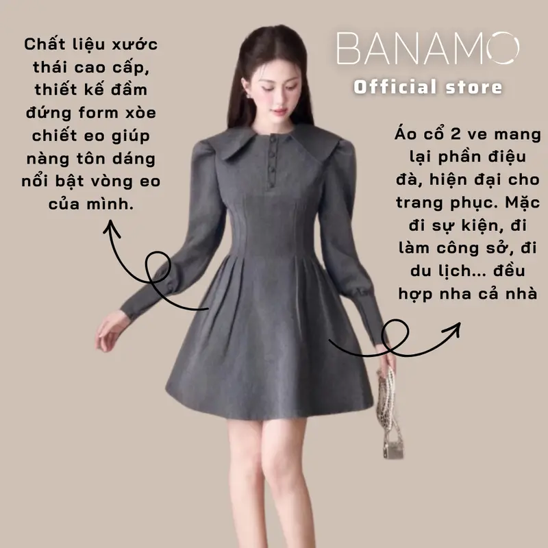 Váy nữ BIGSIZE Banamo Fashion đầm dài tay dáng xòe thiết kế chiết eo cổ ve tiểu thư thanh lịch 5903 3