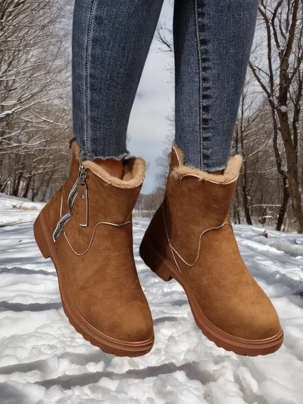 Women's Solid Color Zipper Side Warm Snow Boots, Casual Sporty Plush Ankle Boots for Outdoor Wear, Non-slip Outdoor Shoes for Women & Girls 7