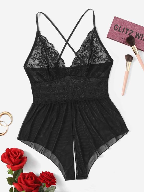 【Plus Size】 Contrast Lace Criss Cross Backless Cami Sexy Bodysuit Costumes, Solid Spaghetti Strap One-piece Sexy Costumes, Women's Sexy Lingerie for All Seasons, Naughty Lingerie 2