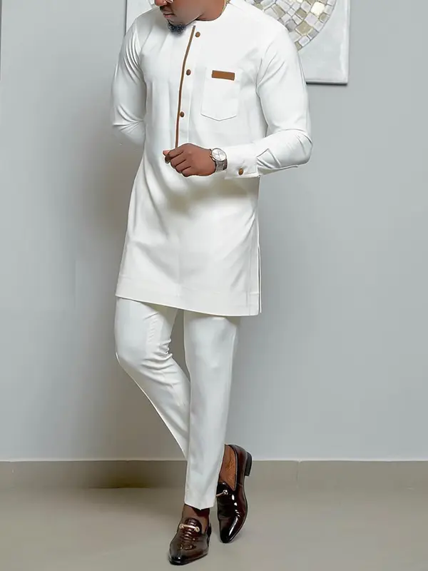 Men's Contrast Binding Split Hem Two-Piece Set, Regular Fit Traditional Fake Buttons Top & Elastic Waist Pants, Men's Two-Piece Outfits For Party 0