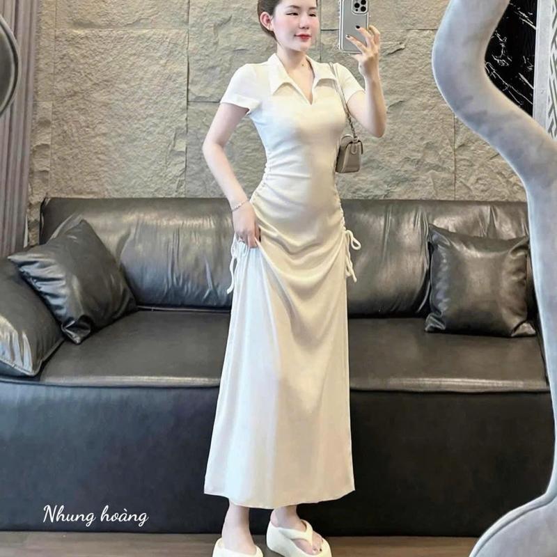 Đầm Thun Gân Cổ Đúc Rút Dây Hai Bên Sườn Thời Trang Nữ Hốt 2024 - Women, Dress