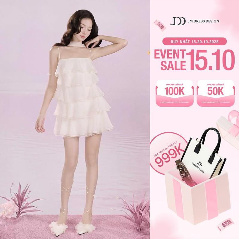 Đầm 2 Dây 5 Tầng Phối Khăn Cổ, Váy Dáng Ngắn Nữ Tính, Bay Bổng 1S51.2507OG Thiết Kế Bởi JM Dress Design