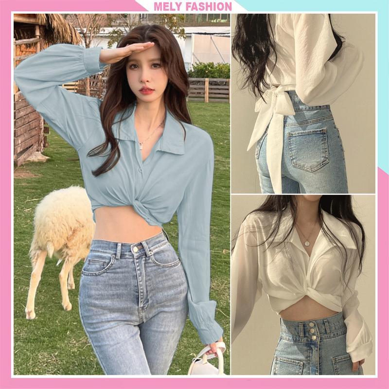 Áo sơ mi nữ croptop cổ bẻ dài tay bồng thắt nơ sau dáng ngắn lửng chất đũi thô 3 màu đen trắng xanh trẻ trung ASM10 Shirt