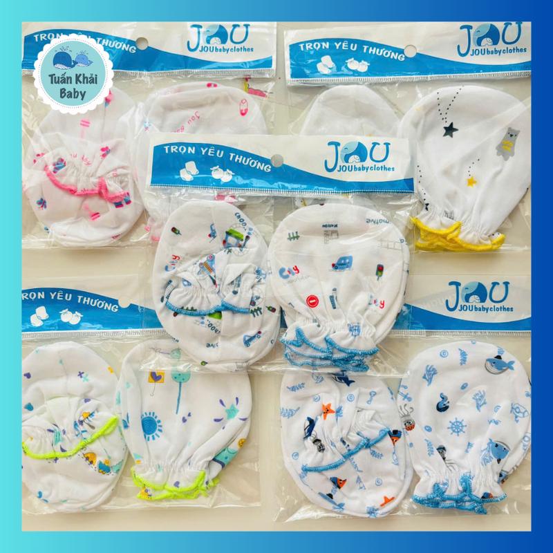 Set 5 Bộ bao tay chân (5 Đôi bao tay, 5 Đôi bao chân) cotton sơ sinh Trắng Họa Tiết JOU- chất vải  mềm, mịn, Đẹp Voi Jean
