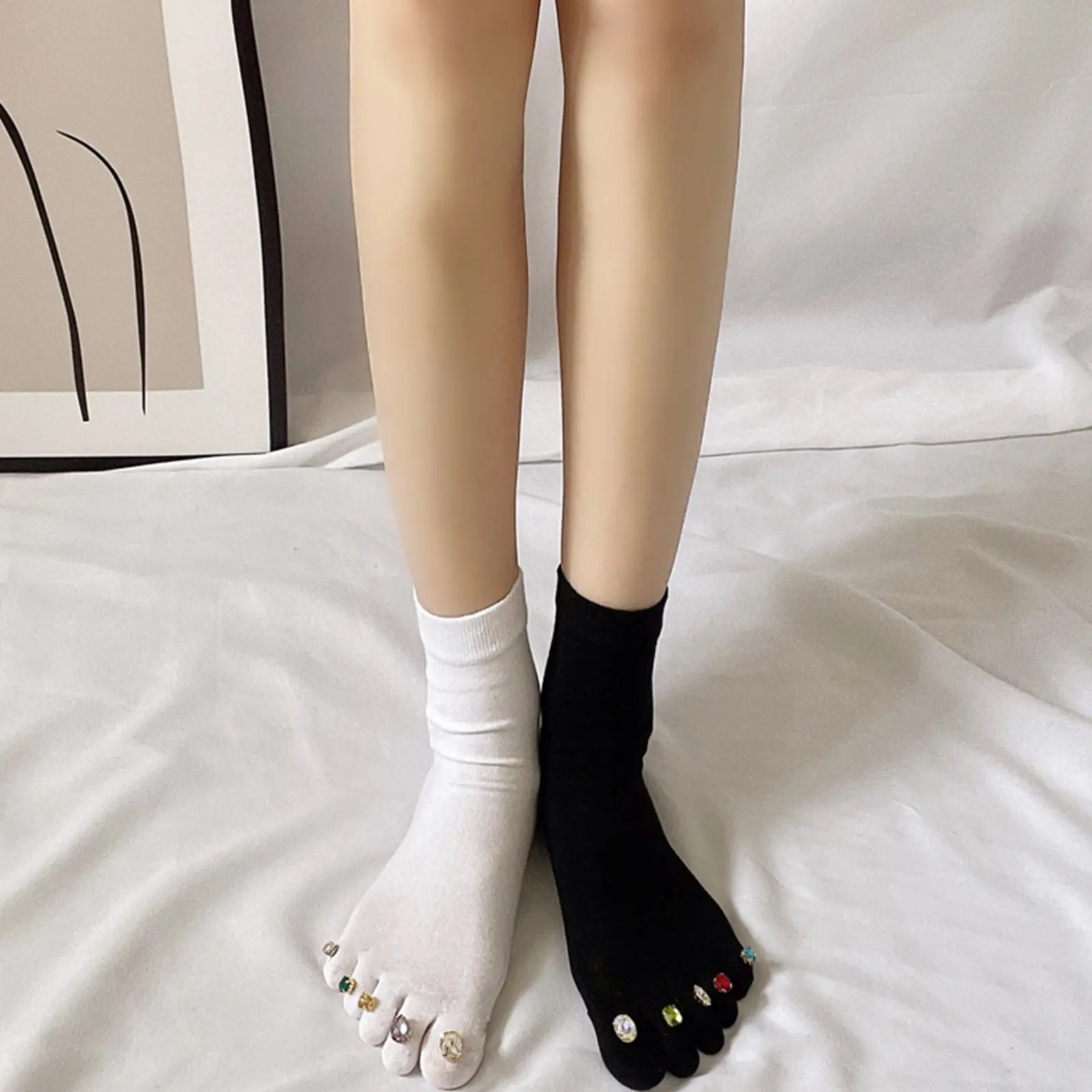 Tất Ngón Chân Có Trang Trí Kim Cương Giả Cho Nữ, Tất Năm Ngón, Không Trượt, Chắp Vá, Cotton