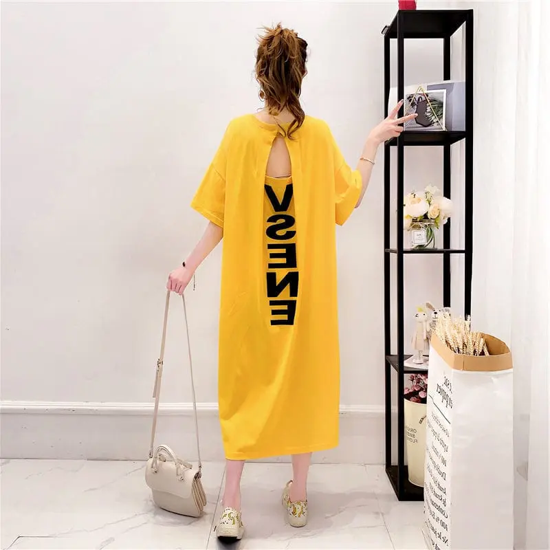 Midi Dress Longgar Torn Back Triangle 7 Vsene Oversize - Yellow 0