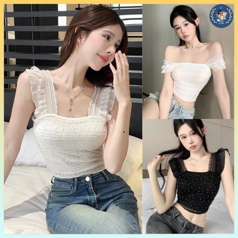 [A297] Áo LEN thun Montoghi 2 DÂY REN ĐÍNH ĐÁ hàng dệt kim có mút đệm hàng Quảng Châu sang trọng - L2M (Top Women Fashion ) 【 hoa hồng  【 Hỏa tốc  