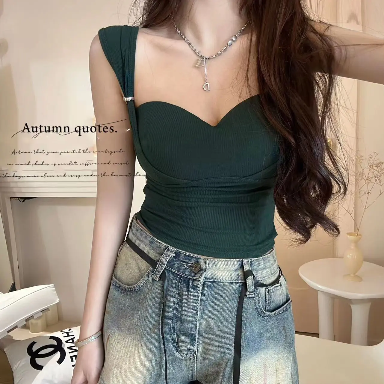 08578  Square Neck Solid Color Pleated Suspender Vest with Chest Pad