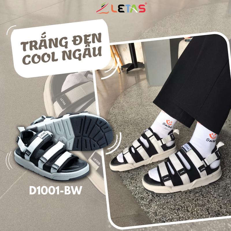 Giày Sandal nam nữ Unisex Letas, năng động, trẻ trung Trắng đen( D721) Cao Su Đế Bằng Nhung 2