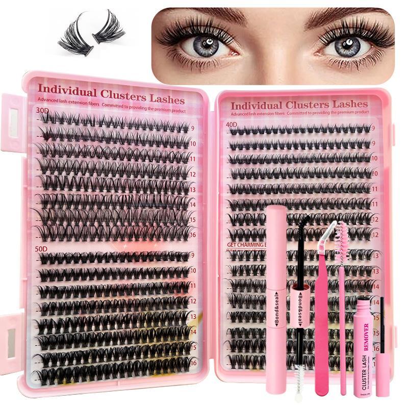 Product Introduction of Mixed Length Individual False Eyelashes with Eyelash Glue & Tweezers, 1 Set Natural Look Eyelash Extensions, Self Grafting Eyelash Clusters  for Women Makeup 0