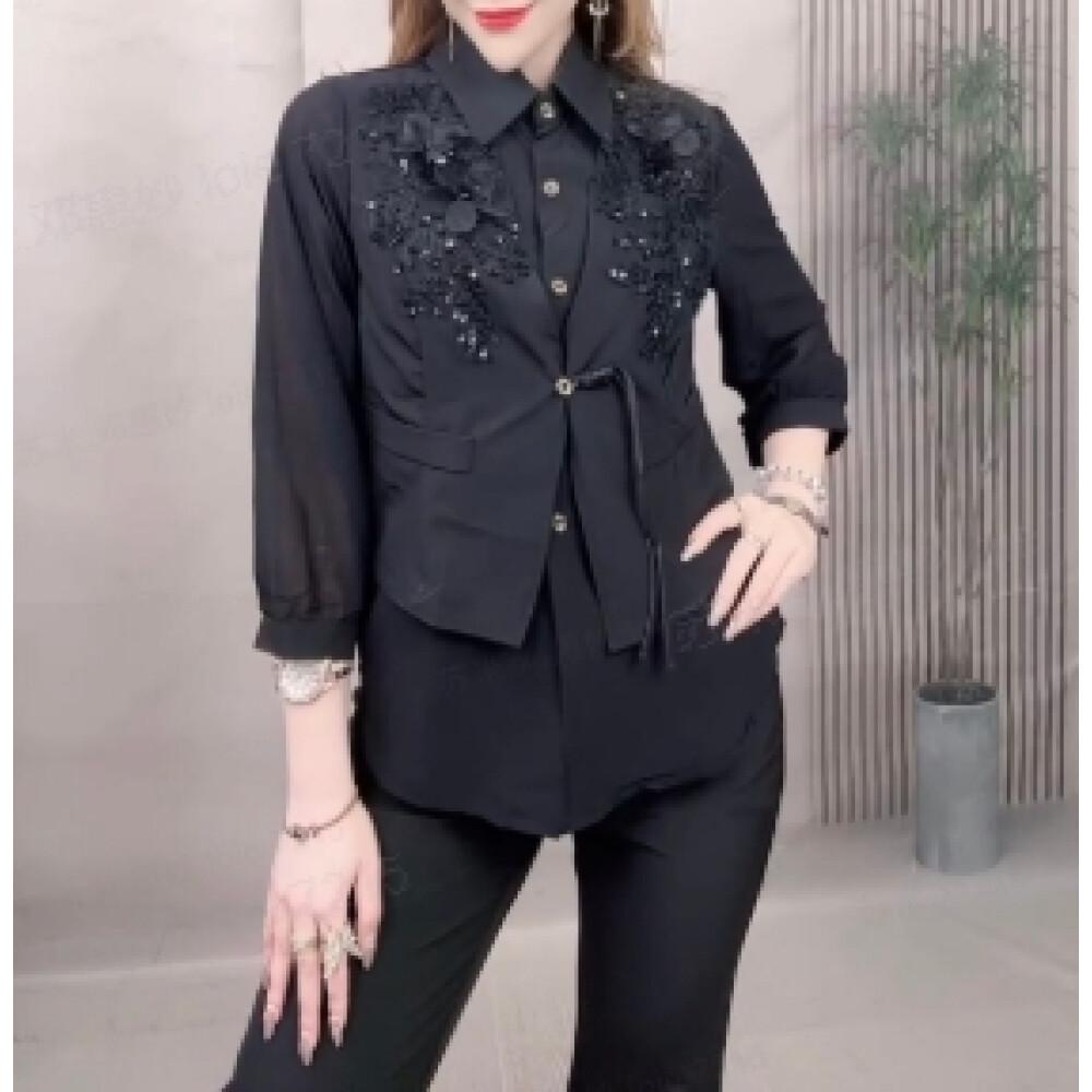 FADFAD Setelan dua potong wanita kelas atas gaya modis dengan variasi bunga cantik warna solid + celana panjang