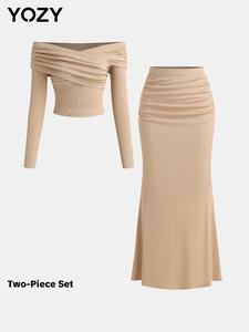 YOZY Women's Solid Off Shoulder Ruched Top & Mermaid Skirt Two-piece Set, Elegant Fashion Casual Two Piece Outfits for Daily Outdoor Wear, Ladies Clothes for All Seasons