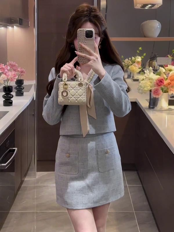 Set váy tiểu thư tay dài cổ tim thắt nơ ngực đi chơi đi làm dự tiệc sang chảnh NA&NA Clothing chất dạ tweed S043