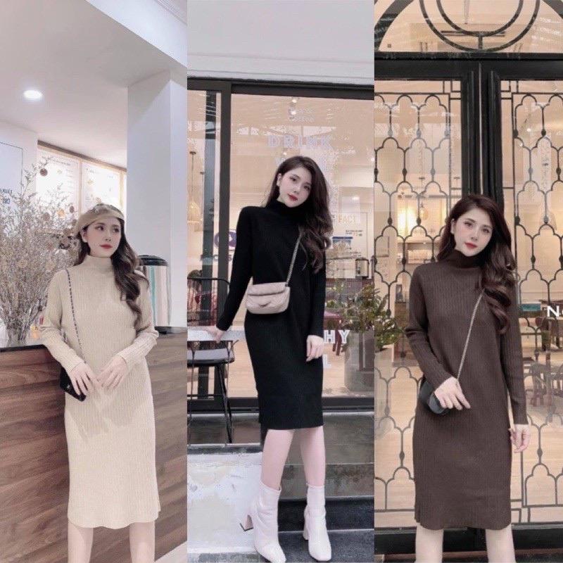 Váy Len - Đầm Suông Cổ 3P Chất Len Tăm Dáng Dài