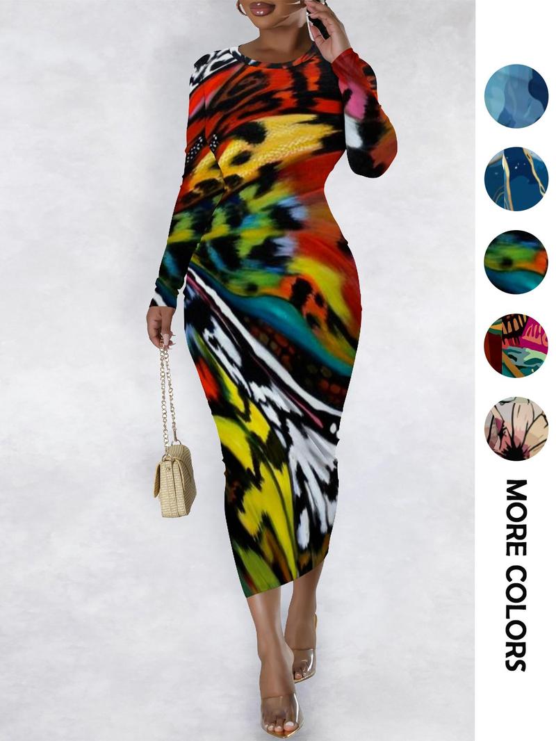 Product Introduction of Women's Colorblock Print Round Neck Bodycon Dress, Fashion Casual Long Dress for Daily Outdoor Wear, Women Dress for Spring Fall 1