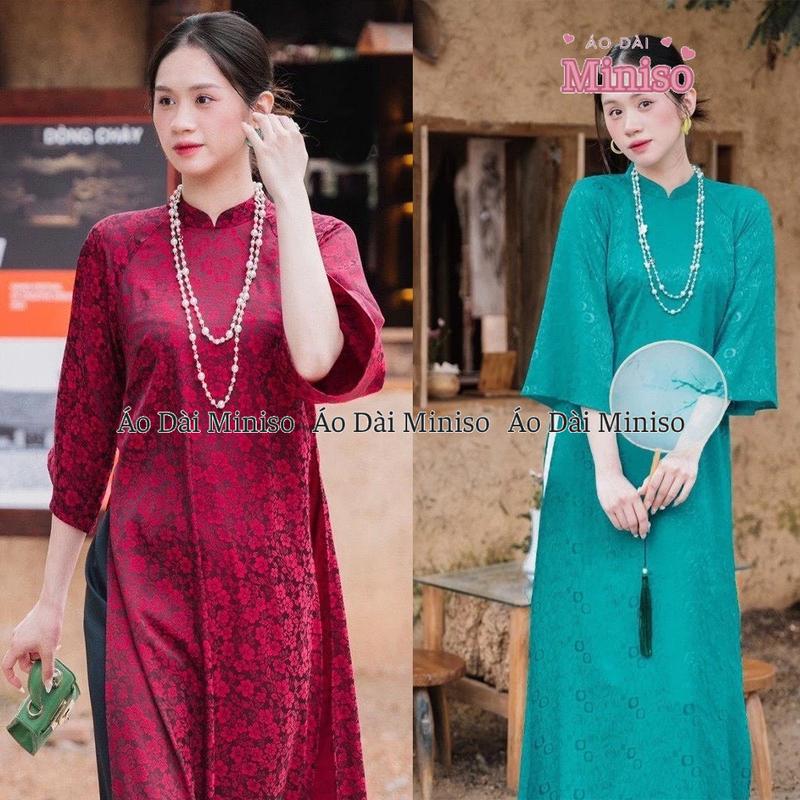 {Có ship hỏa tốc} - Áo dài cách tân gấm dáng suông màu xanh ngọc và đỏ đô cổ 2p sang trọng