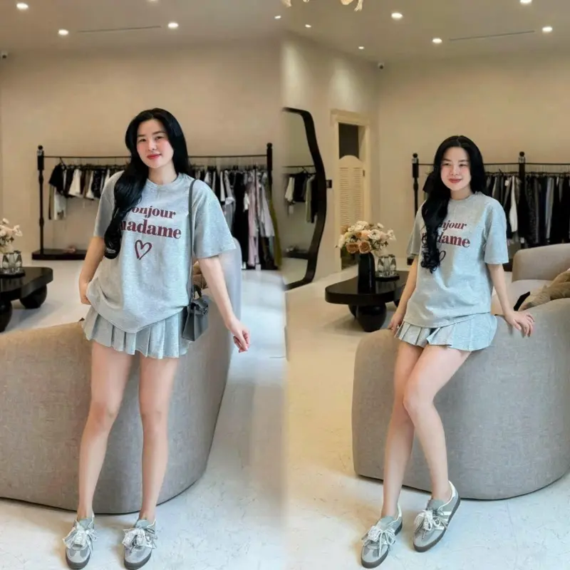 Bộ 2 món cotton áo phông chân váy kèm quần bảo hộ cho nữ - Top