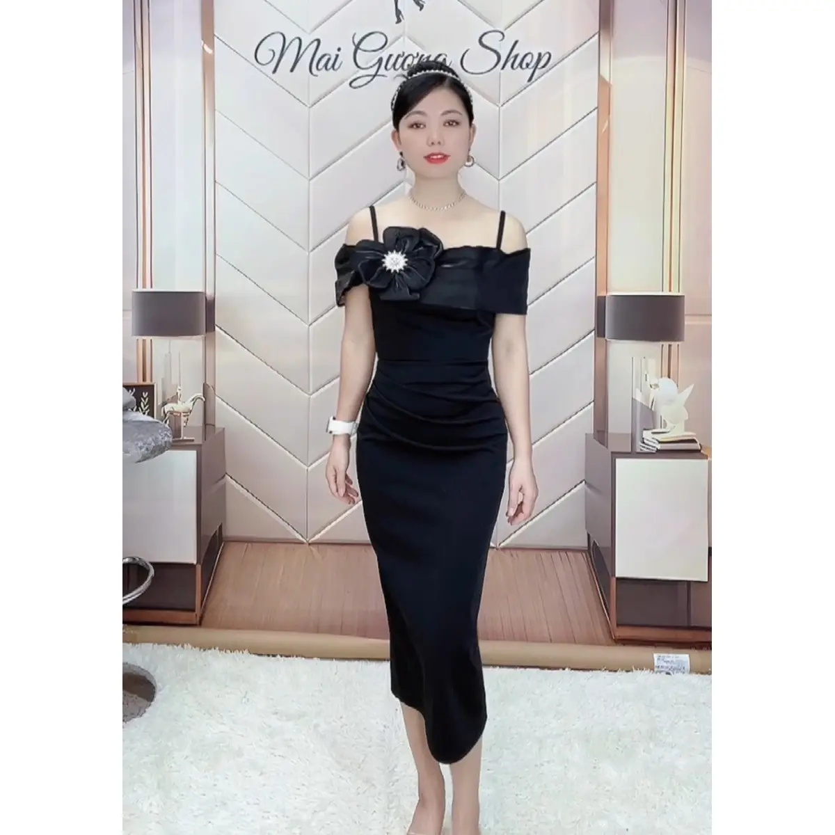 Mai Gương Shop V3389 Váy Dự Tiệc Thiết Kế 2 Dây Trễ Vai Phối Tơ Tặng Kèm Tag Cài Đá Sang Trọng