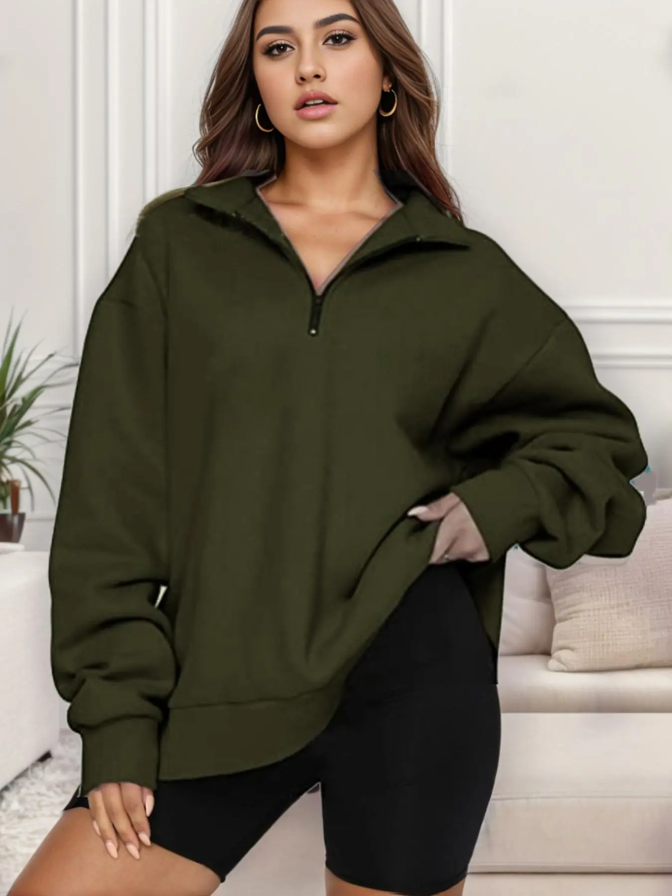 Women's Plain Half Zip Sweatshirt, Casual Long Sleeve Collared Pullover Top for Fall & Winter, Lady's Streetwear Clothes for Daily Wear, Comfort Minimalist Basic Womenswear, Workwear, Workwear