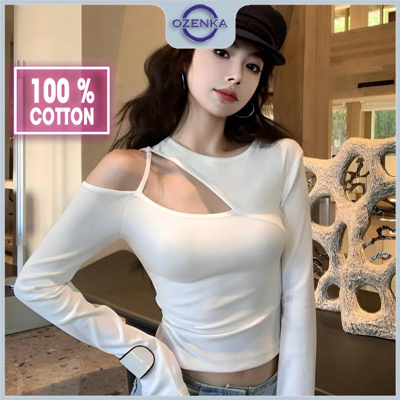Áo croptop trễ vai tay dài cổ tròn nữ ôm body sang chảnh Ozenka áo crt kiểu thun cotton đen trắng phong cách Hàn Quốc Women Sơ Mi Shirt Dáng Ngắn