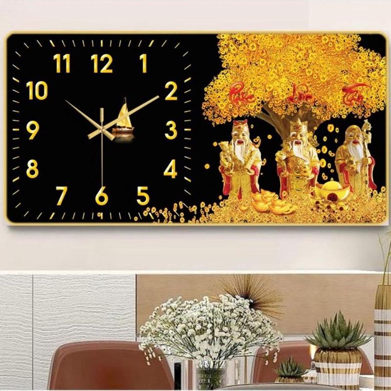 Đồng hồ tráng gương Phúc Lộc Thọ in UV 5D kim trôi chuẩn giờ - Tranh đồng hồ tráng gương treo tường trang trí nhà cửa Decor Phòng phòng khách 