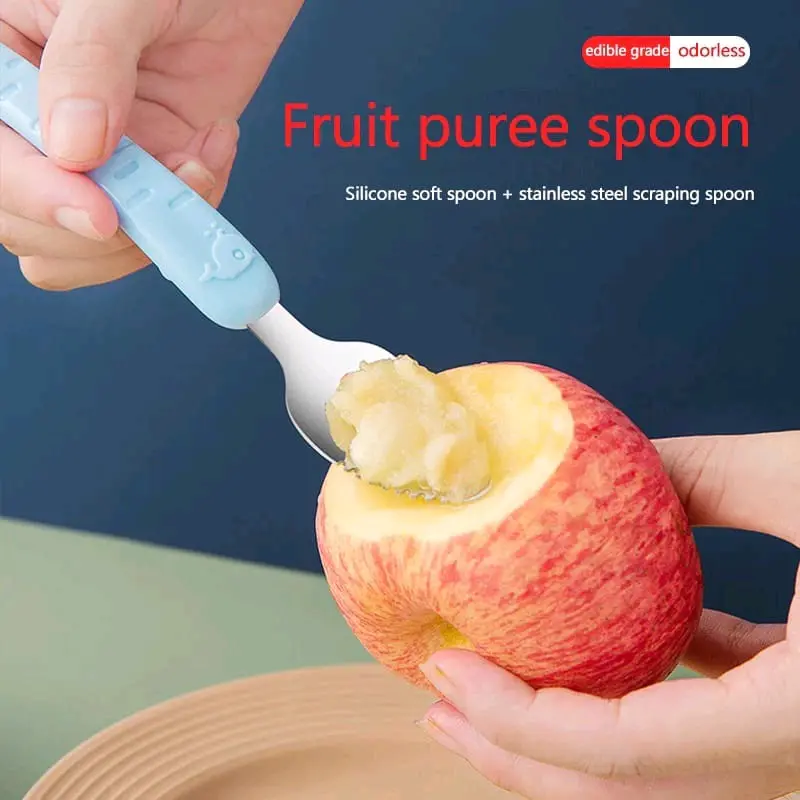 Sendok Kerok Buah Sendok Makan MPASI Bayi Stainless dan Silikon 2in1 1