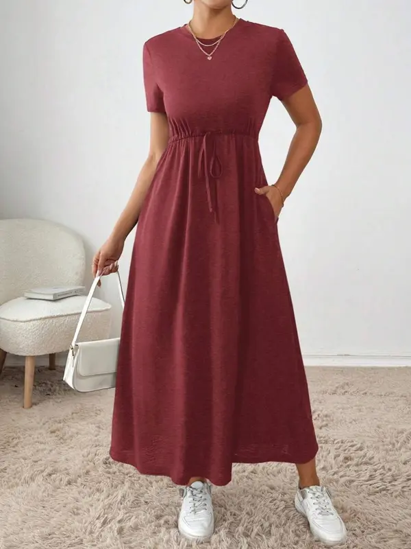 Women's Plain Pocket Dress, Elegant Fashion Casual Round Neck Short Sleeve Dress for Daily Outdoor Wear, Ladies Dress for All Seasons 1