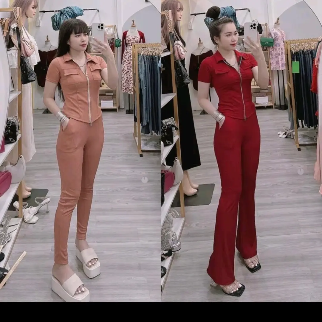ĐỒ BỘ NỮ ÁO TN TÚI NẮP TIA KÉO QUẦN DÀI LOE +ÔM DƯỚI 65KG ĐỖ LẠI VỪA