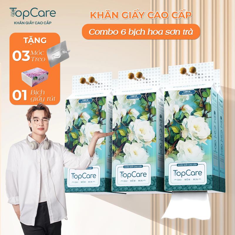 [Hàng Việt] Combo 6 bịch Khăn giấy lụa Topcare, giấy rút cao cấp treo tường đa năng hoa sơn trà, mềm mại, thấm hút, giấy dai, Tặng kèm 3 móc treo và 1 gói giấy rút, giấy 4 lớp dày dặn( 1280 tờ /bịch)