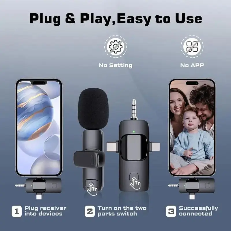 4 in 1 Wireless Lavalier Microphone, 1 Set USB Rechargeable Wireless Microphone, Professional Wireless Lavalier Lapel Microphone for iPhone Android Phone 3