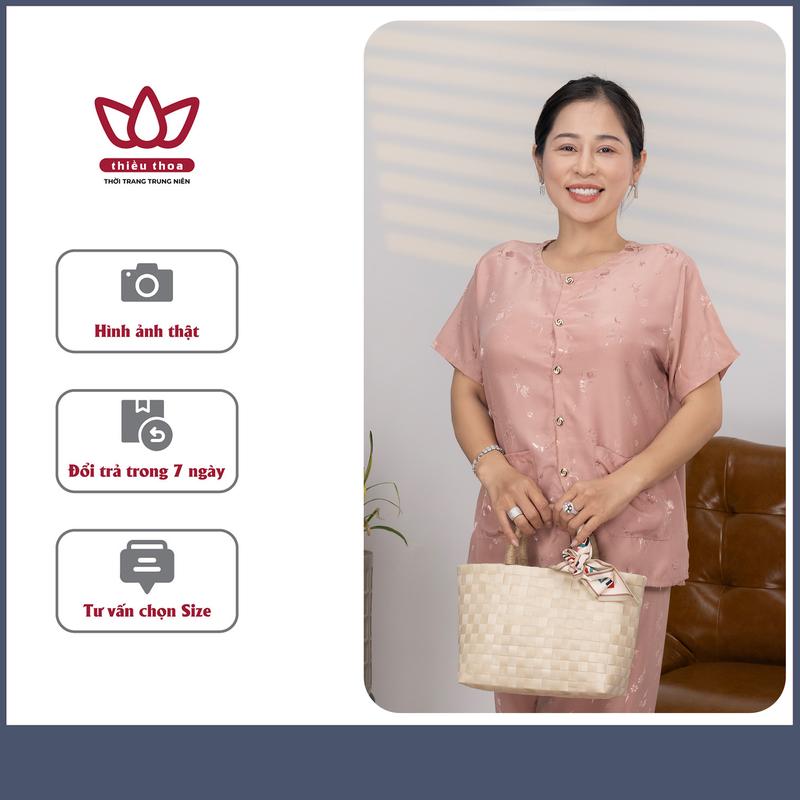 Đồ Bộ Người Già Trung Niên Nữ Chất Liệu Gấm Thái Tay Ngắn Ca Cao, Sang Trọng, Quý Phái, Quần Dài, Ngắn tay, Món Quà Ý Nghĩa Cho Bà Và  Women Top Áo Vàng