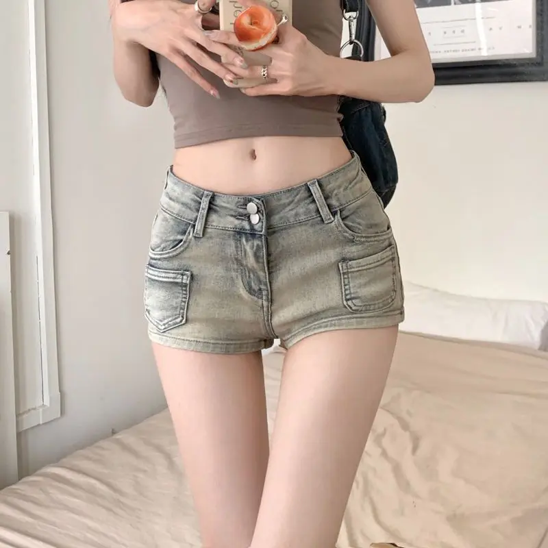 Quần Short Denim Cạp Thấp, Phong Cách Cô Gái Nóng Bỏng, Dành Cho Phụ Nữ, Dáng Ôm, Ôm Vừa Vặn Hông, Màu Sắc Nhẹ Cổ Điển Quần Ống Đứng, Thoáng Khí Và Thoải Mái, Thích Hợp Cho Mùa Hè 3