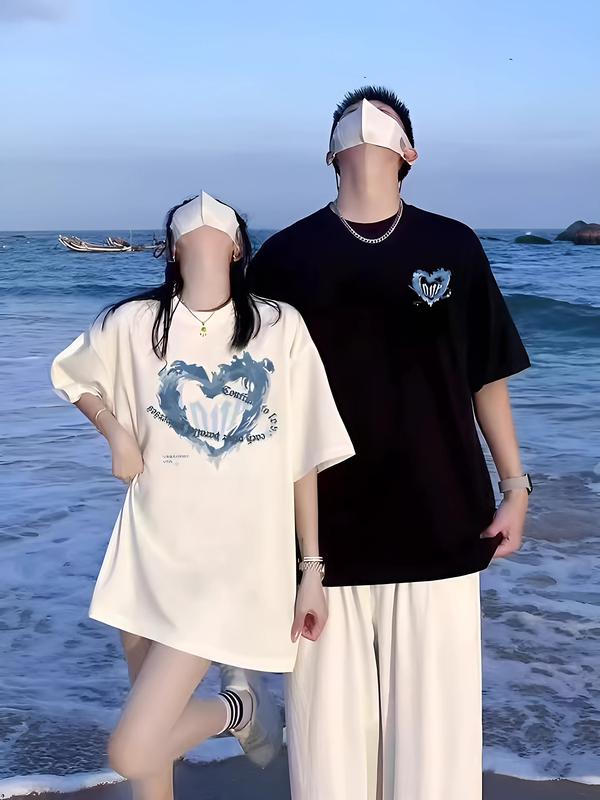 Áo thun cotton Cổ Tròn dành cho cặp đôi in hình trái tim  dáng rộng cho cả Nam và nữ, 2 màu đen và trắng