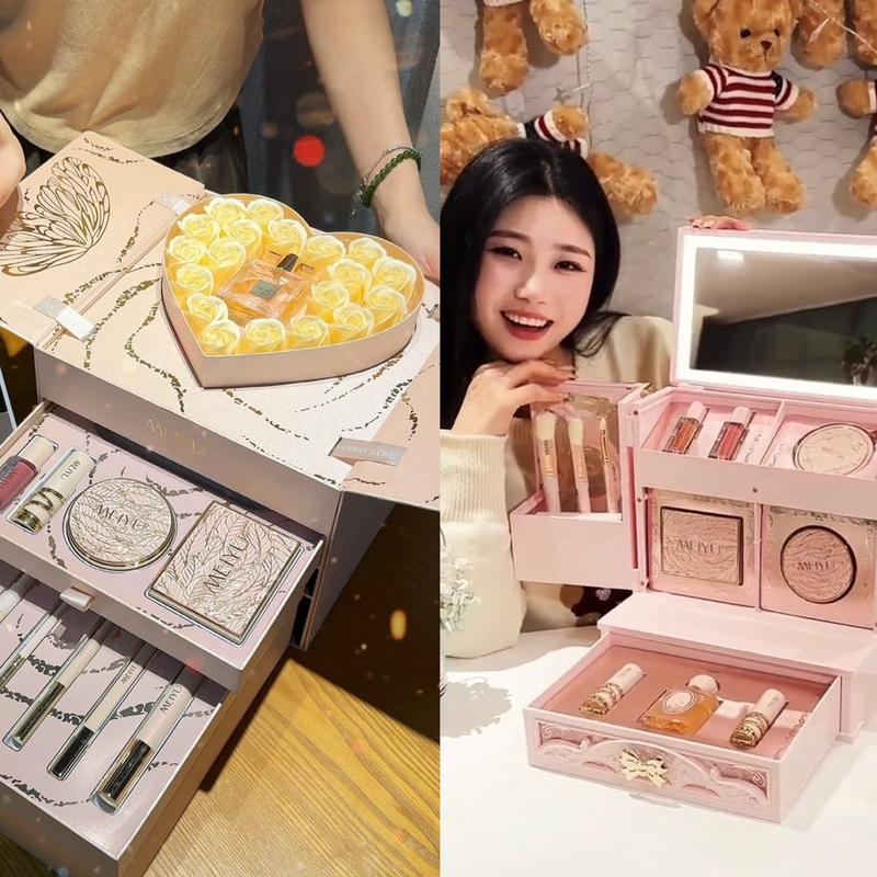 [QUÀ TẶNG BẠN GÁI/TẶNG VỢ] Bộ trang điểm 12 món Meiyu màu hồng phấn có gương kèm túi thích hợp làm quà tặng cho bạn gái, vợ Cosmetic Son Mỹ Phẩm Perfume Women Son Kem