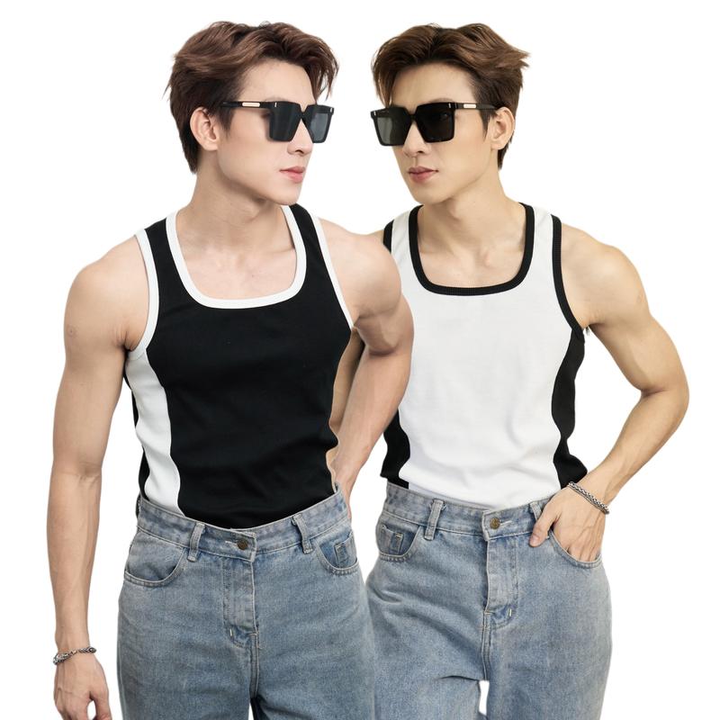 Áo Thun Ba Lỗ Tanktop Cổ Vuông Phối Sọc Trắng Đen Form Body Thun Tăm Gân Cao Cấp Thương Hiệu Mr Twins Nam Menswear